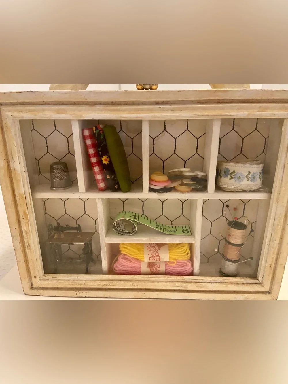 Vintage-Inspired White Wooden Sewing Storage / Purse. Signs of age, wear.